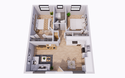 A top-down view of a small, neatly organized apartment with a kitchen, living room, and bedroom.